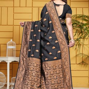 AXONIT Women's Silk Blend Banarasi Jacquard Leaf Motifs Design Saree with Unstitched Blouse Piece - Black