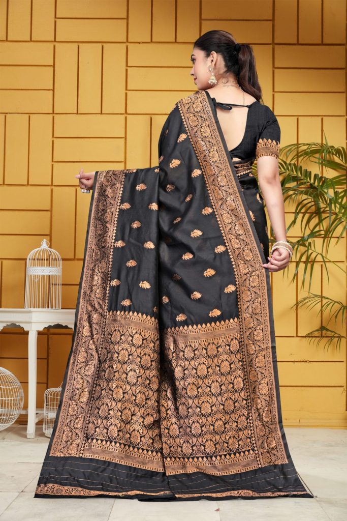 AXONIT Women's Silk Blend Banarasi Jacquard Leaf Motifs Design Saree with Unstitched Blouse Piece - Black