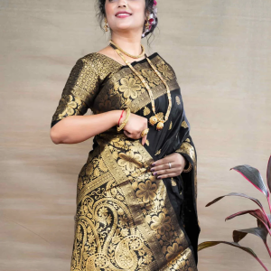 AXONIT Women's Silk Blend Banarasi Jacquard Floral & Paisley Design Saree with Unstitched Blouse Piece