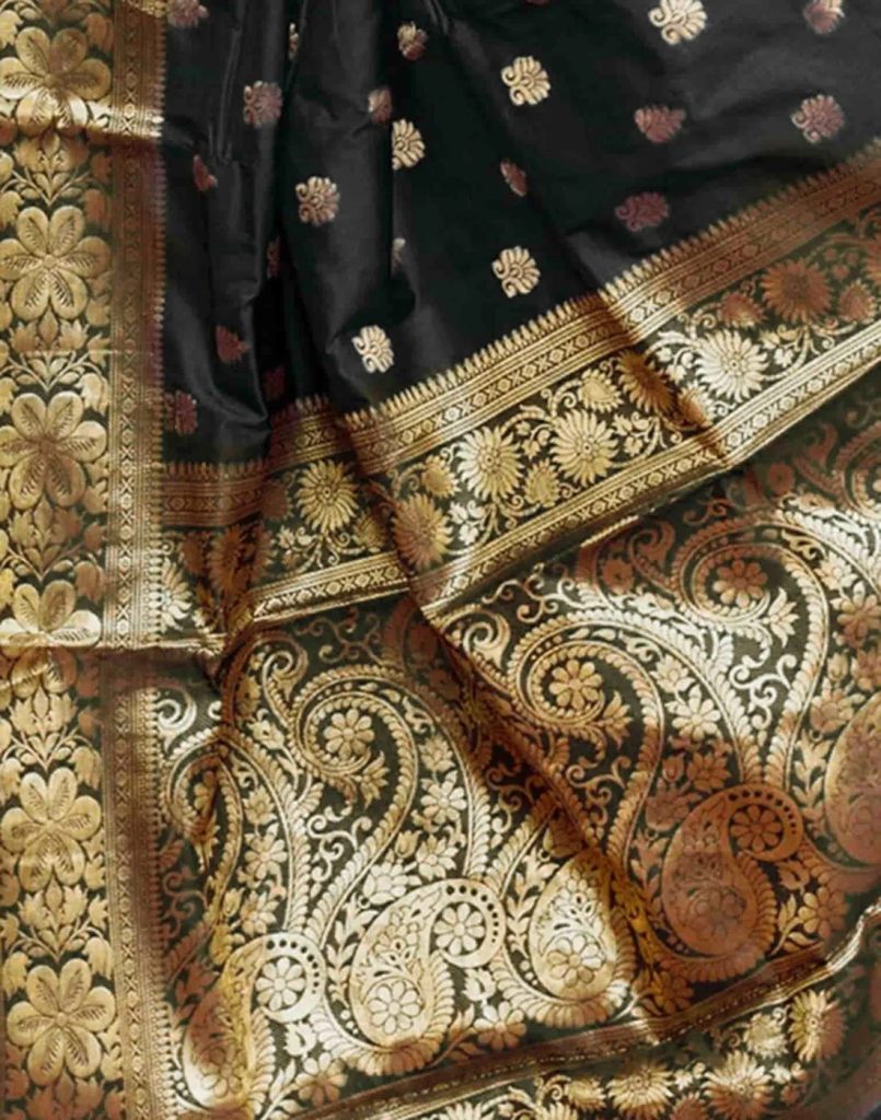 AXONIT Women's Silk Blend Banarasi Jacquard Floral & Paisley Design Saree with Unstitched Blouse Piece