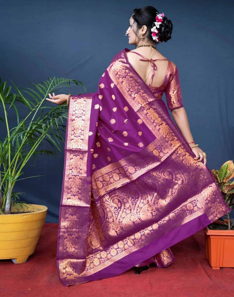 AXONIT Women's Silk Blend Banarasi Jacquard Floral & Paisley Design Saree with Unstitched Blouse Piece