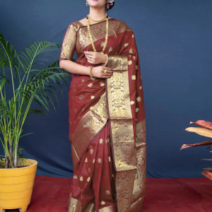 AXONIT Women's Silk Blend Banarasi Jacquard Floral & Paisley Design Saree with Unstitched Blouse Piece
