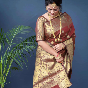 AXONIT Women's Silk Blend Banarasi Jacquard Floral & Paisley Design Saree with Unstitched Blouse Piece