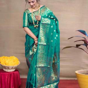 AXONIT Women's Silk Blend Banarasi Jacquard Floral & Paisley Design Saree with Unstitched Blouse Piece