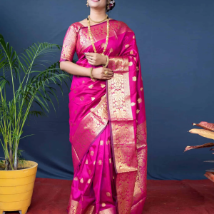 AXONIT Women's Silk Blend Banarasi Jacquard Floral & Paisley Design Saree with Unstitched Blouse Piece