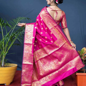 AXONIT Women's Silk Blend Banarasi Jacquard Floral & Paisley Design Saree with Unstitched Blouse Piece