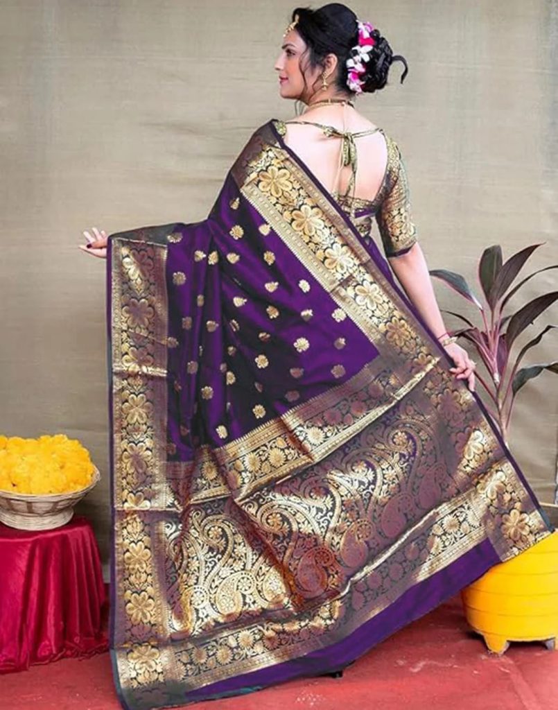 AXONIT Women's Silk Blend Banarasi Jacquard Floral & Paisley Design Saree with Unstitched Blouse Piece