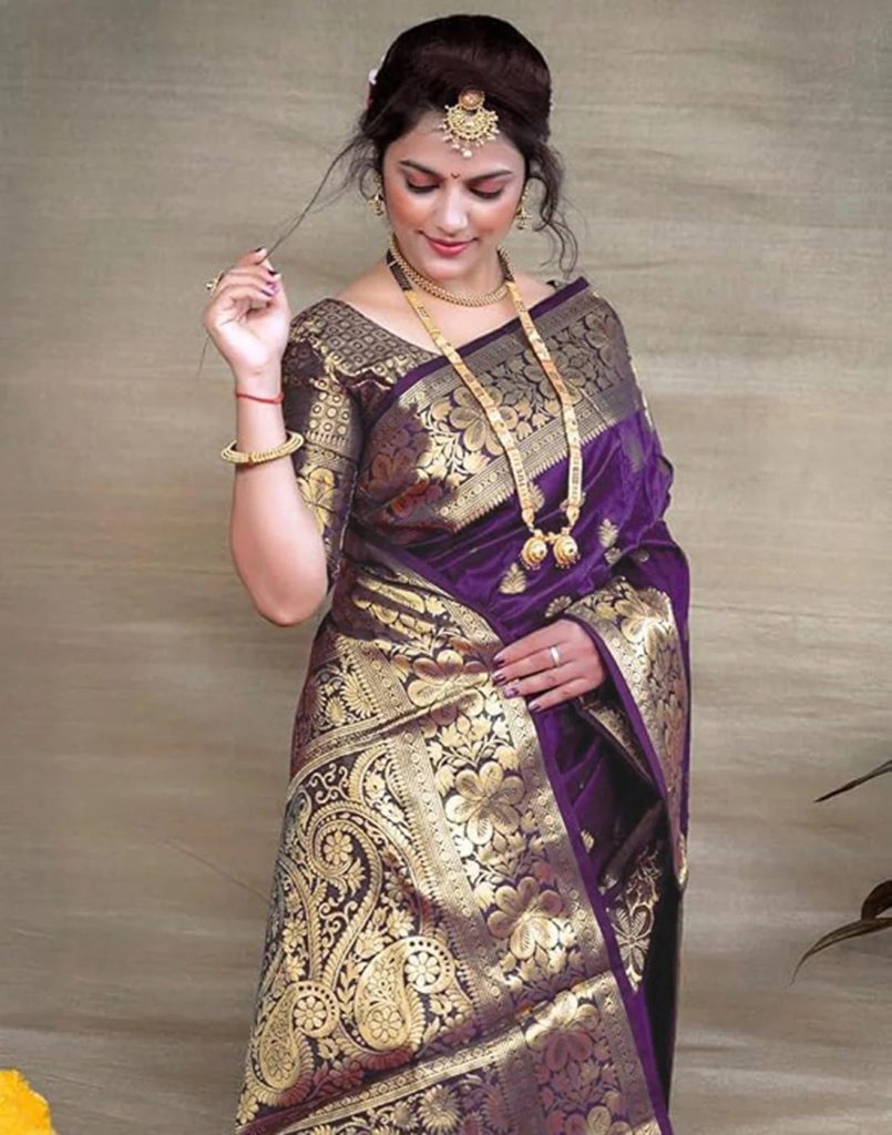 AXONIT Women's Silk Blend Banarasi Jacquard Floral & Paisley Design Saree with Unstitched Blouse Piece