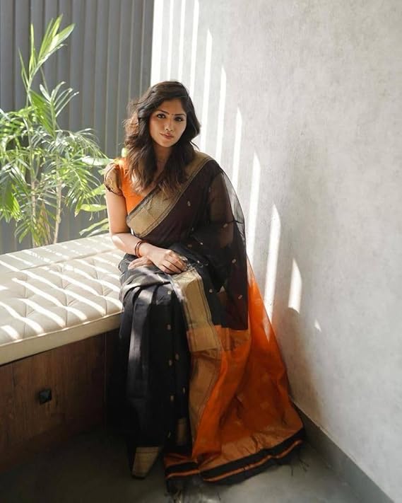 AXONIT Women's Cotton Saree with Zari Motifs & Dual Tone Finish with Unstitched Blouse Piece