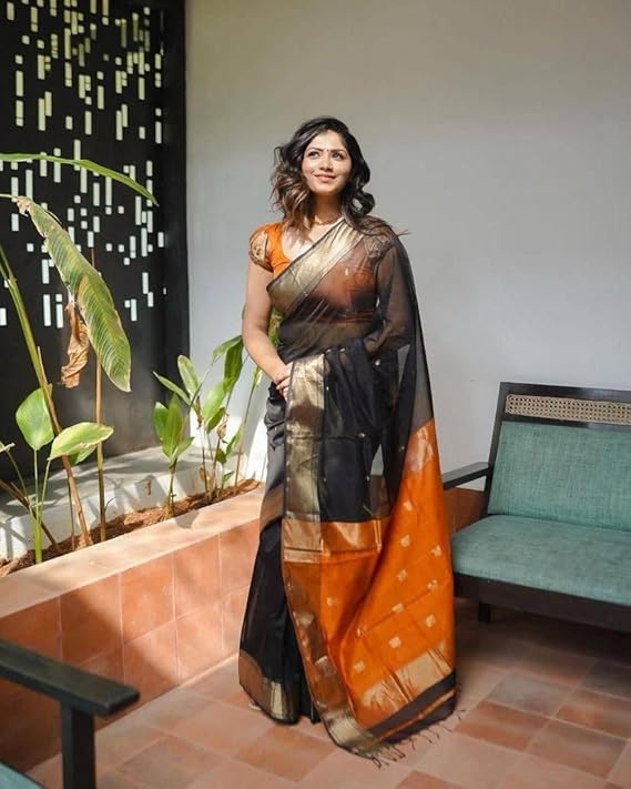 AXONIT Women's Cotton Saree with Zari Motifs & Dual Tone Finish with Unstitched Blouse Piece