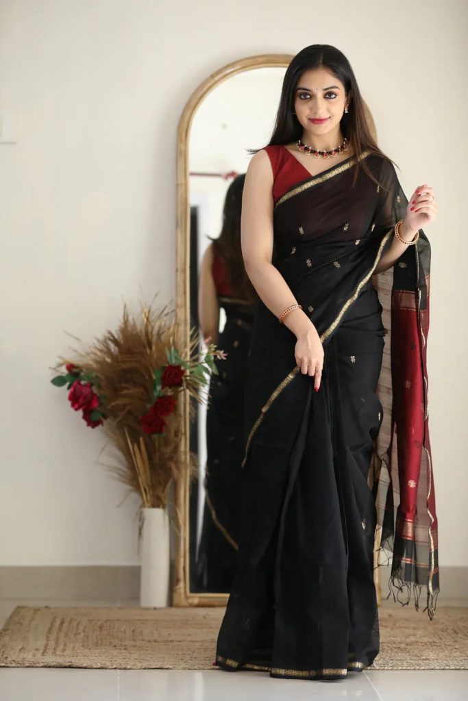 AXONIT Women's Cotton Saree with Zari Motifs & Dual Tone Finish with Unstitched Blouse Piece