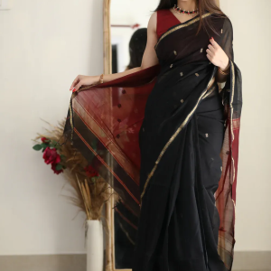 AXONIT Women's Cotton Saree with Zari Motifs & Dual Tone Finish with Unstitched Blouse Piece