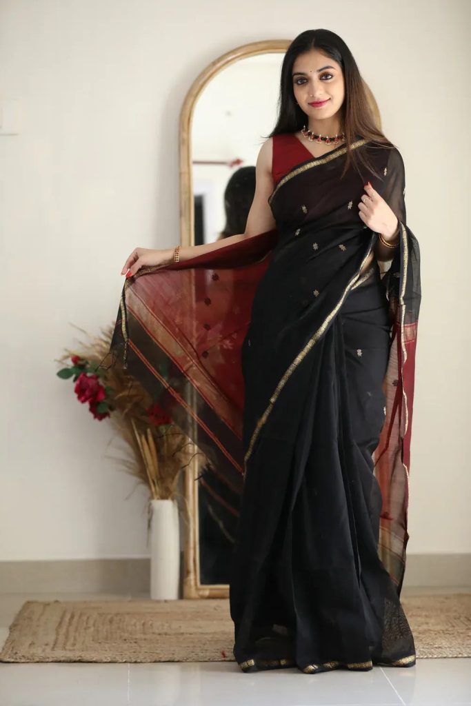 AXONIT Women's Cotton Saree with Zari Motifs & Dual Tone Finish with Unstitched Blouse Piece