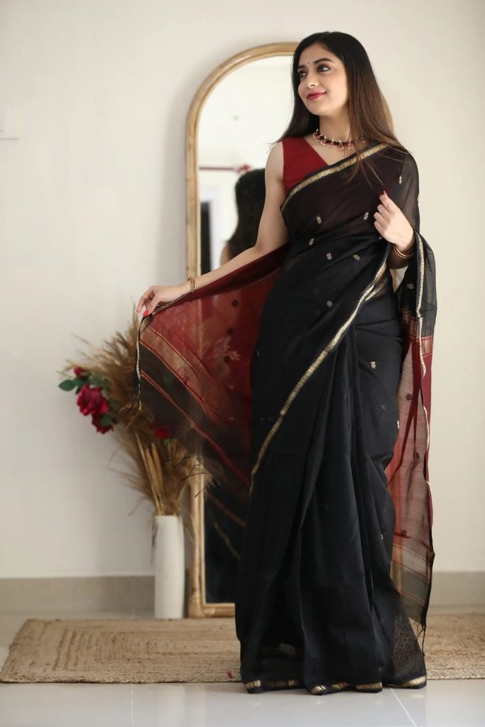 AXONIT Women's Cotton Saree with Zari Motifs & Dual Tone Finish with Unstitched Blouse Piece