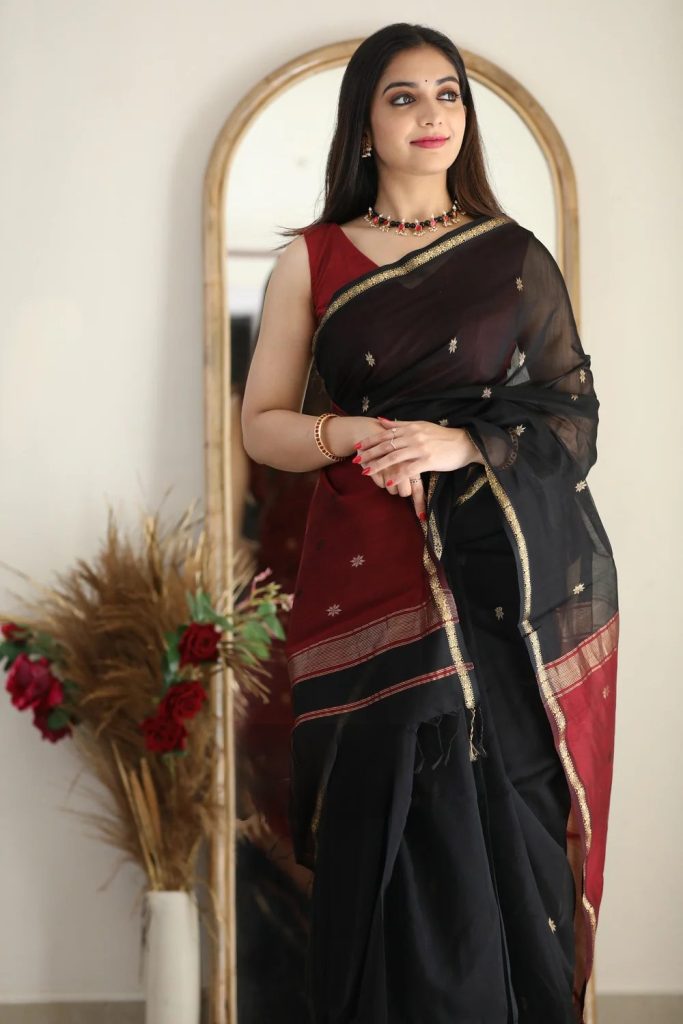AXONIT Women's Cotton Saree with Zari Motifs & Dual Tone Finish with Unstitched Blouse Piece