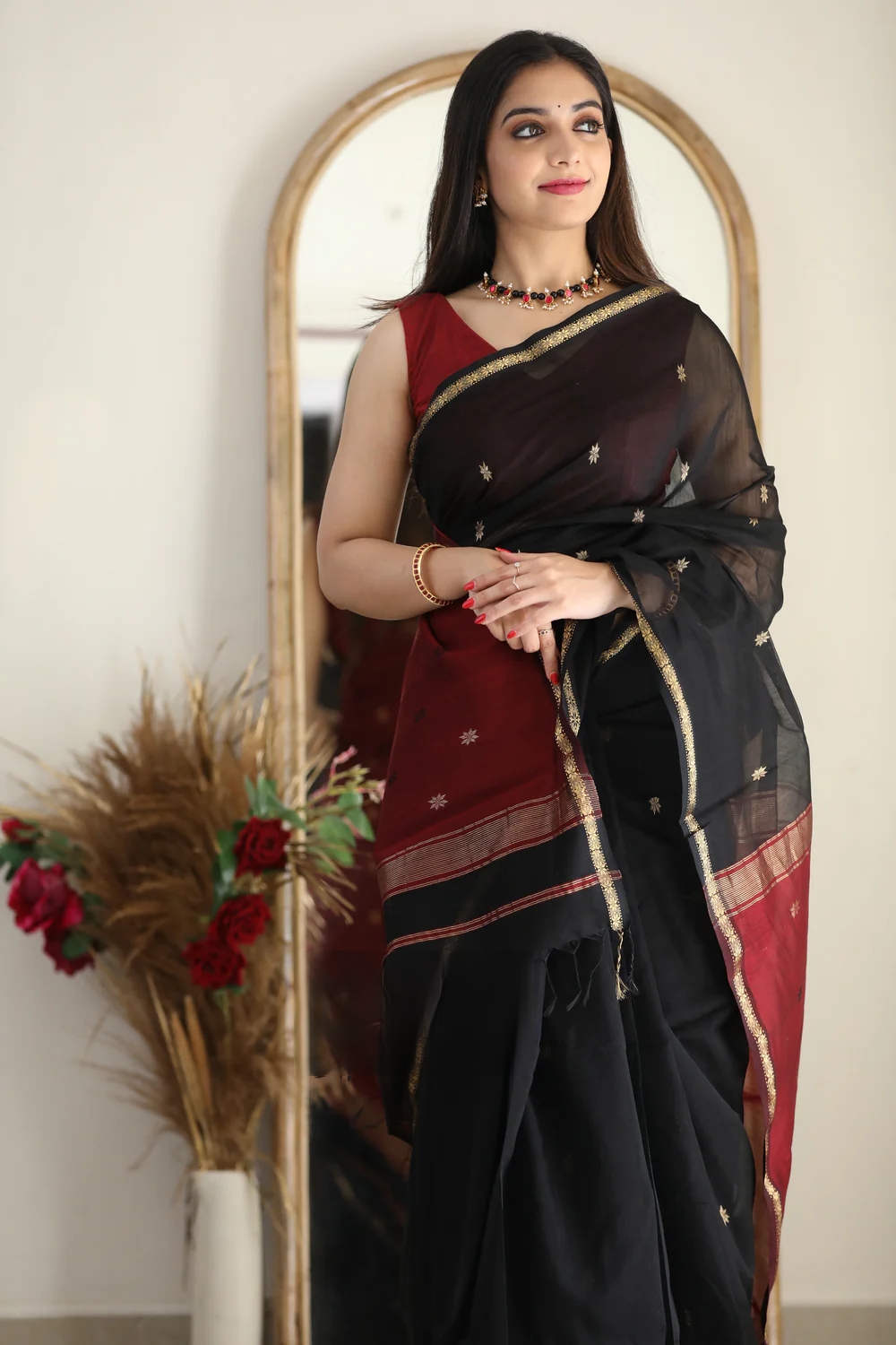 AXONIT Women's Cotton Saree with Zari Motifs & Dual Tone Finish with Unstitched Blouse Piece