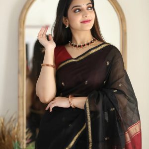 AXONIT Women's Cotton Saree with Zari Motifs & Dual Tone Finish with Unstitched Blouse Piece