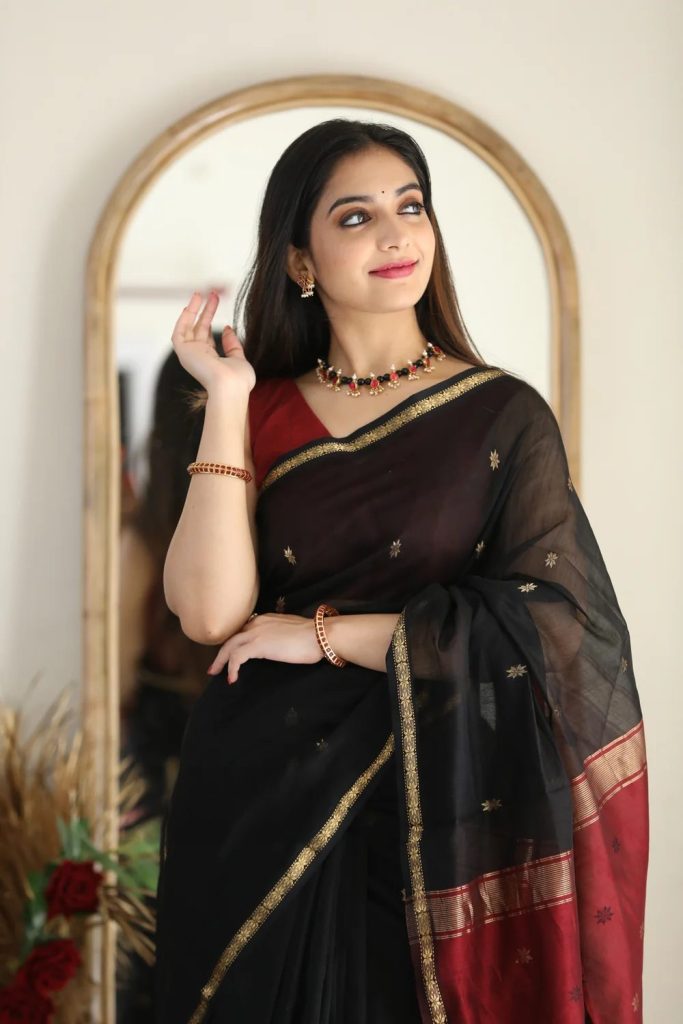 AXONIT Women's Cotton Saree with Zari Motifs & Dual Tone Finish with Unstitched Blouse Piece