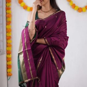 AXONIT Women's Cotton Saree with Zari Motifs & Dual Tone Finish with Unstitched Blouse Piece