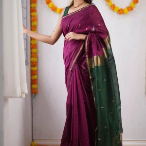 AXONIT Women's Cotton Saree with Zari Motifs & Dual Tone Finish with Unstitched Blouse Piece