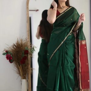AXONIT Women's Cotton Saree with Zari Motifs & Dual Tone Finish with Unstitched Blouse Piece