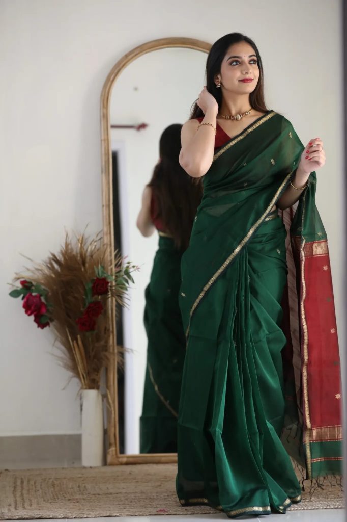 AXONIT Women's Cotton Saree with Zari Motifs & Dual Tone Finish with Unstitched Blouse Piece