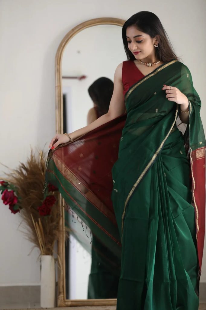 AXONIT Women's Cotton Saree with Zari Motifs & Dual Tone Finish with Unstitched Blouse Piece