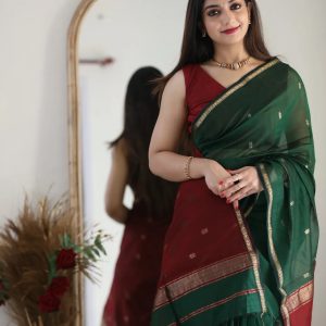 AXONIT Women's Cotton Saree with Zari Motifs & Dual Tone Finish with Unstitched Blouse Piece