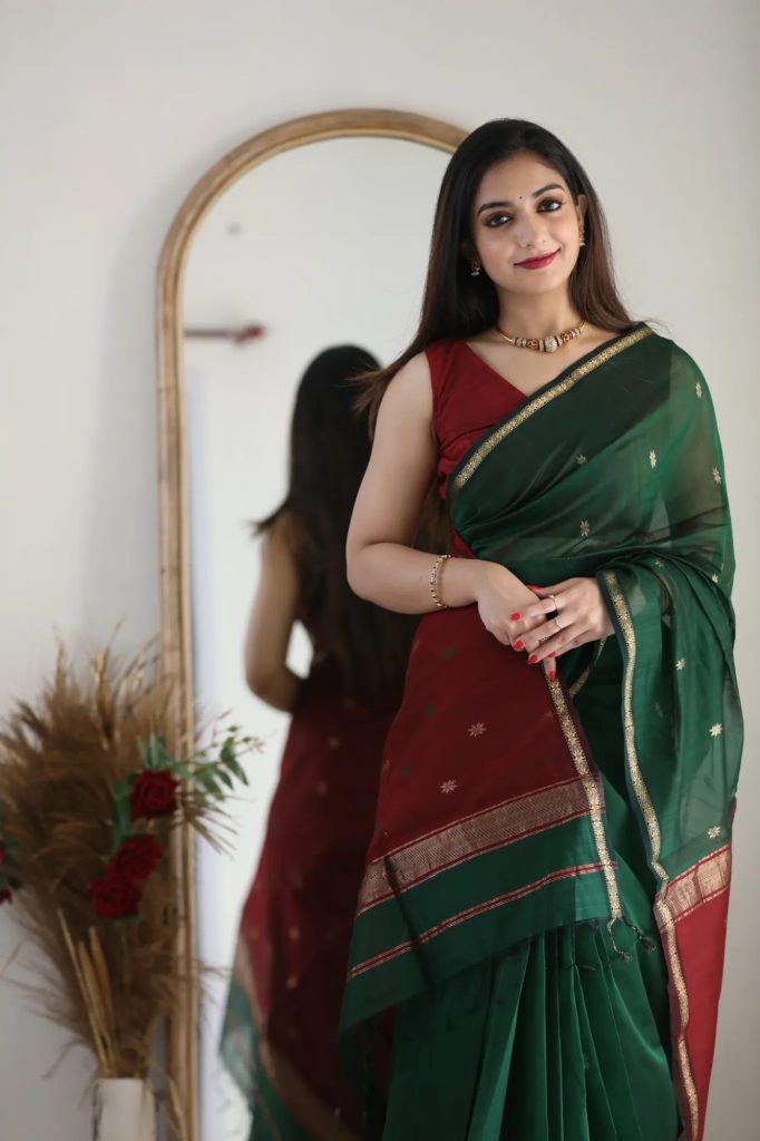 AXONIT Women's Cotton Saree with Zari Motifs & Dual Tone Finish with Unstitched Blouse Piece