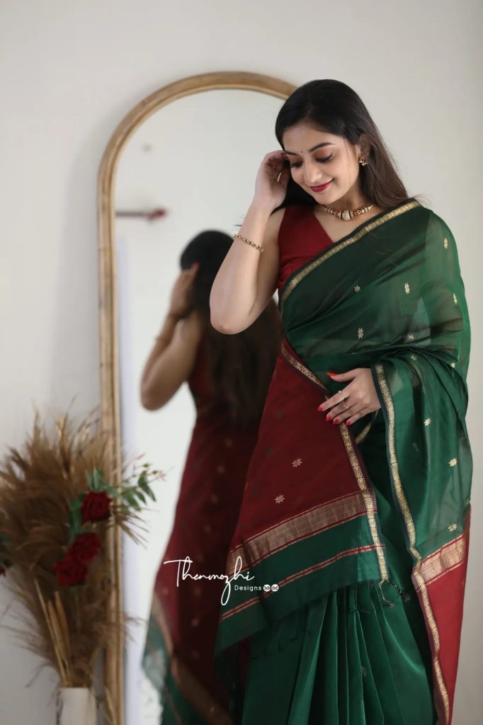 AXONIT Women's Cotton Saree with Zari Motifs & Dual Tone Finish with Unstitched Blouse Piece