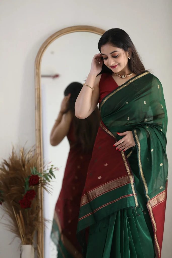 AXONIT Women's Cotton Saree with Zari Motifs & Dual Tone Finish with Unstitched Blouse Piece