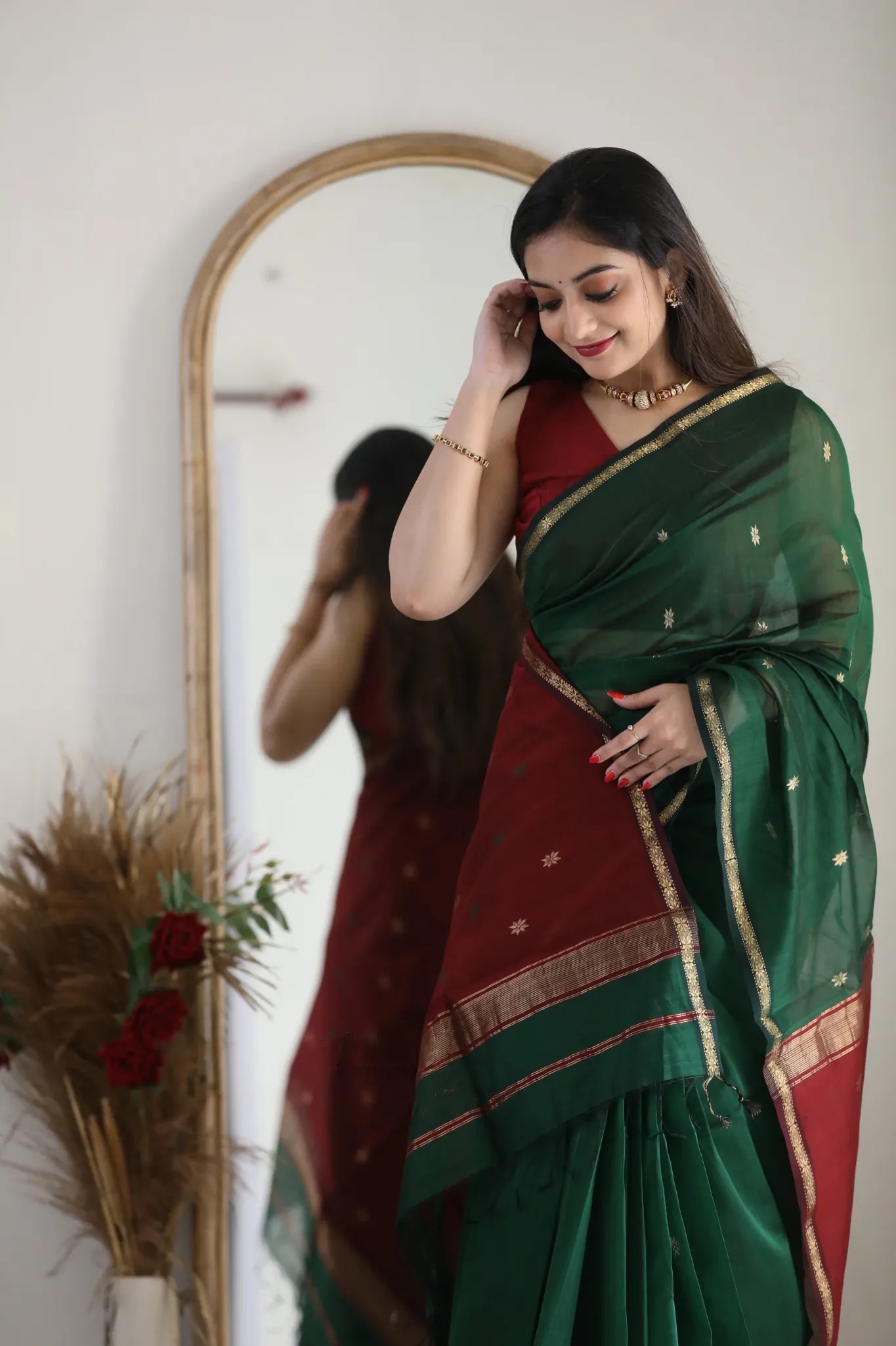AXONIT Women's Cotton Saree with Zari Motifs & Dual Tone Finish with Unstitched Blouse Piece