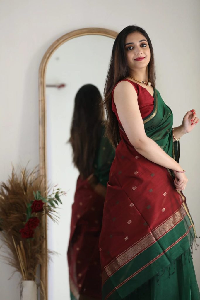 AXONIT Women's Cotton Saree with Zari Motifs & Dual Tone Finish with Unstitched Blouse Piece