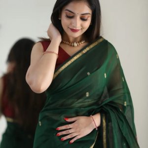 AXONIT Women's Cotton Saree with Zari Motifs & Dual Tone Finish with Unstitched Blouse Piece