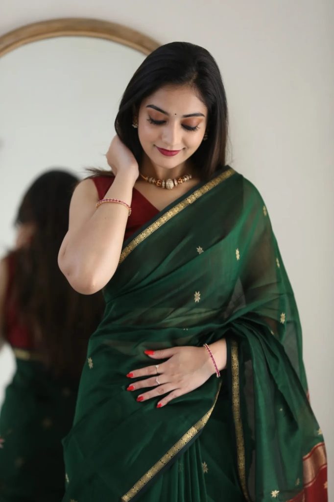 AXONIT Women's Cotton Saree with Zari Motifs & Dual Tone Finish with Unstitched Blouse Piece