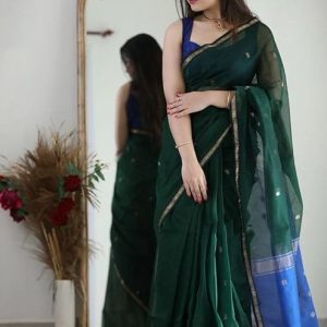 AXONIT Women's Cotton Saree with Zari Motifs & Dual Tone Finish with Unstitched Blouse Piece