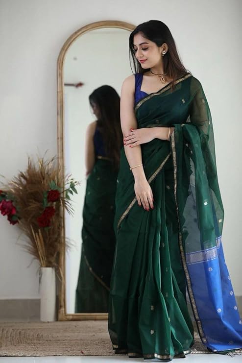 AXONIT Women's Cotton Saree with Zari Motifs & Dual Tone Finish with Unstitched Blouse Piece