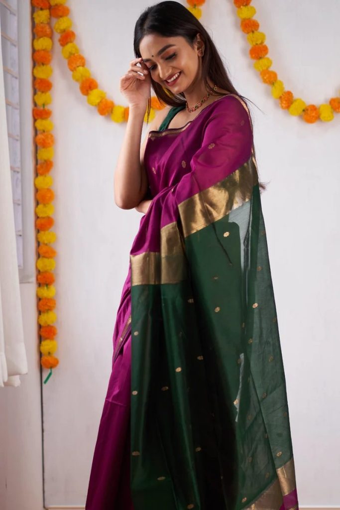 AXONIT Women's Cotton Saree with Zari Motifs & Dual Tone Finish with Unstitched Blouse Piece