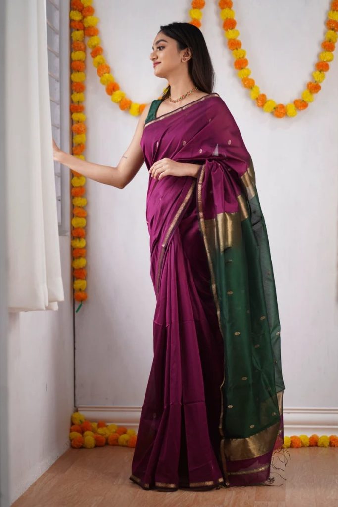 AXONIT Women's Cotton Saree with Zari Motifs & Dual Tone Finish with Unstitched Blouse Piece