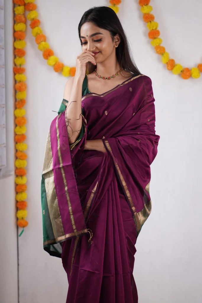 AXONIT Women's Cotton Saree with Zari Motifs & Dual Tone Finish with Unstitched Blouse Piece