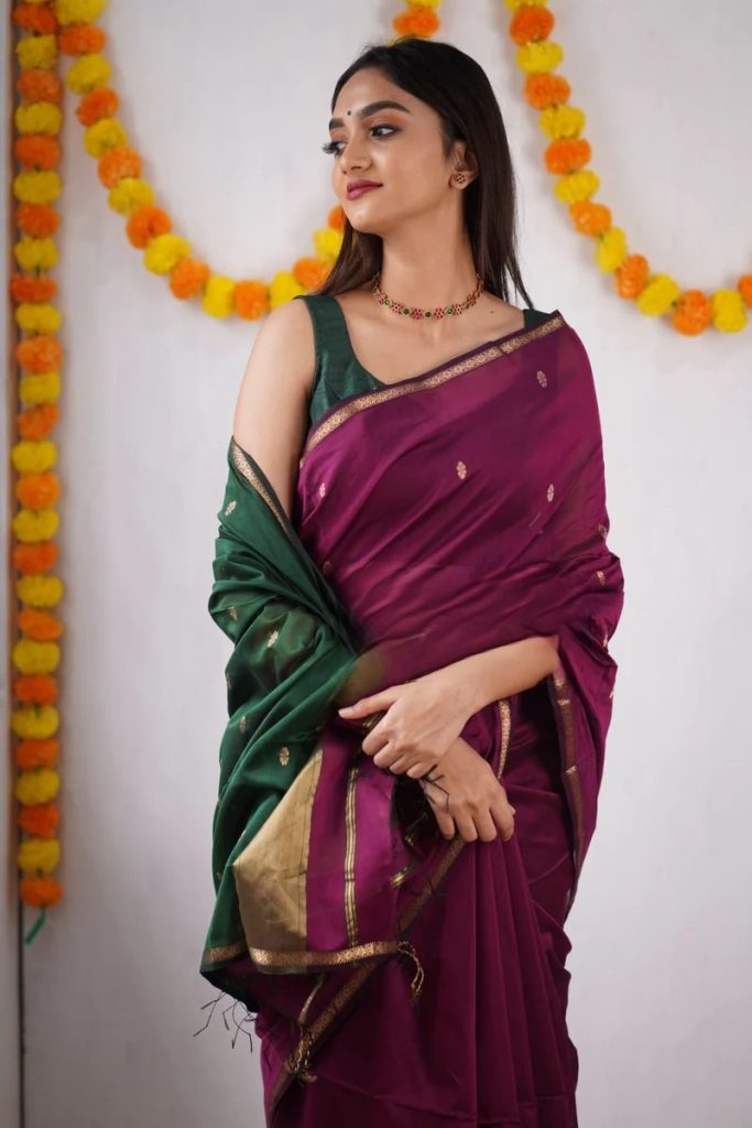 AXONIT Women's Cotton Saree with Zari Motifs & Dual Tone Finish with Unstitched Blouse Piece