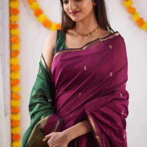 AXONIT Women's Cotton Saree with Zari Motifs & Dual Tone Finish with Unstitched Blouse Piece