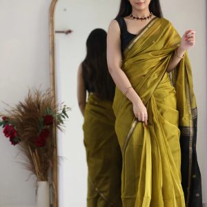 AXONIT Women's Cotton Saree with Zari Motifs & Dual Tone Finish with Unstitched Blouse Piece