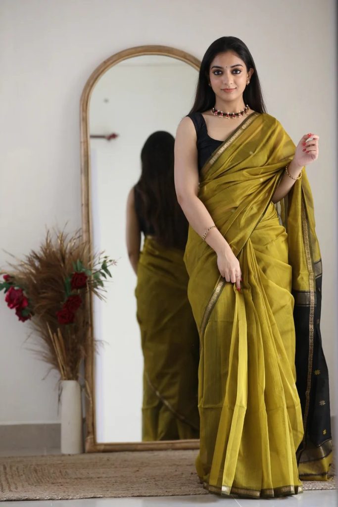 AXONIT Women's Cotton Saree with Zari Motifs & Dual Tone Finish with Unstitched Blouse Piece