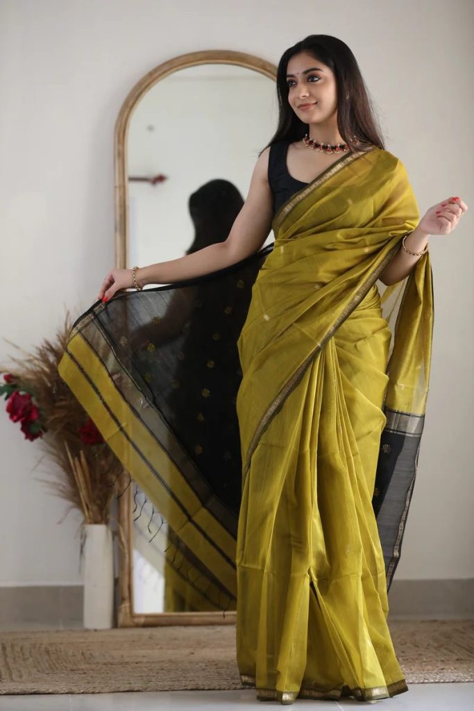 AXONIT Women's Cotton Saree with Zari Motifs & Dual Tone Finish with Unstitched Blouse Piece