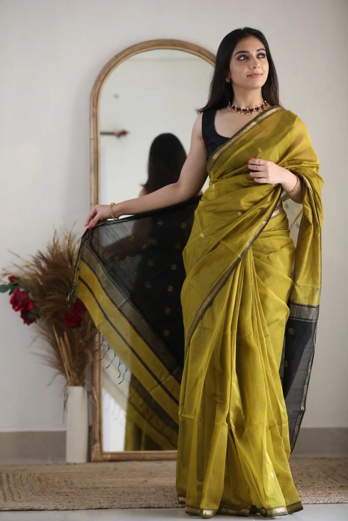 AXONIT Women's Cotton Saree with Zari Motifs & Dual Tone Finish with Unstitched Blouse Piece
