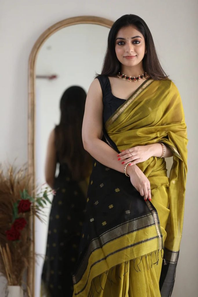 AXONIT Women's Cotton Saree with Zari Motifs & Dual Tone Finish with Unstitched Blouse Piece