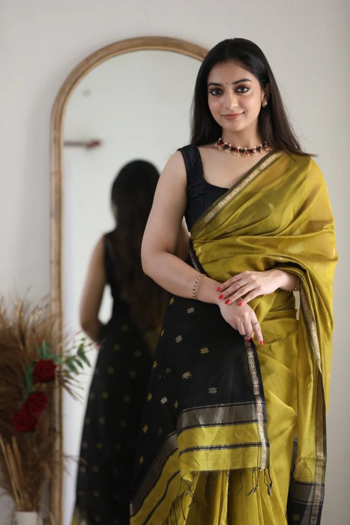 AXONIT Women's Cotton Saree with Zari Motifs & Dual Tone Finish with Unstitched Blouse Piece