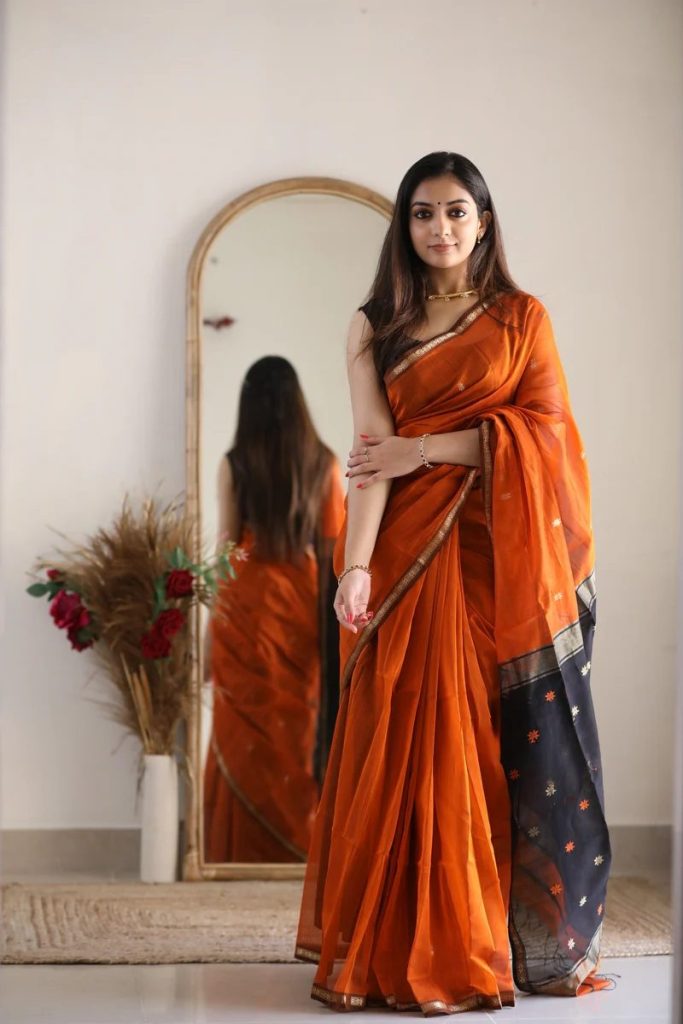 AXONIT Women's Cotton Saree with Zari Motifs & Dual Tone Finish with Unstitched Blouse Piece
