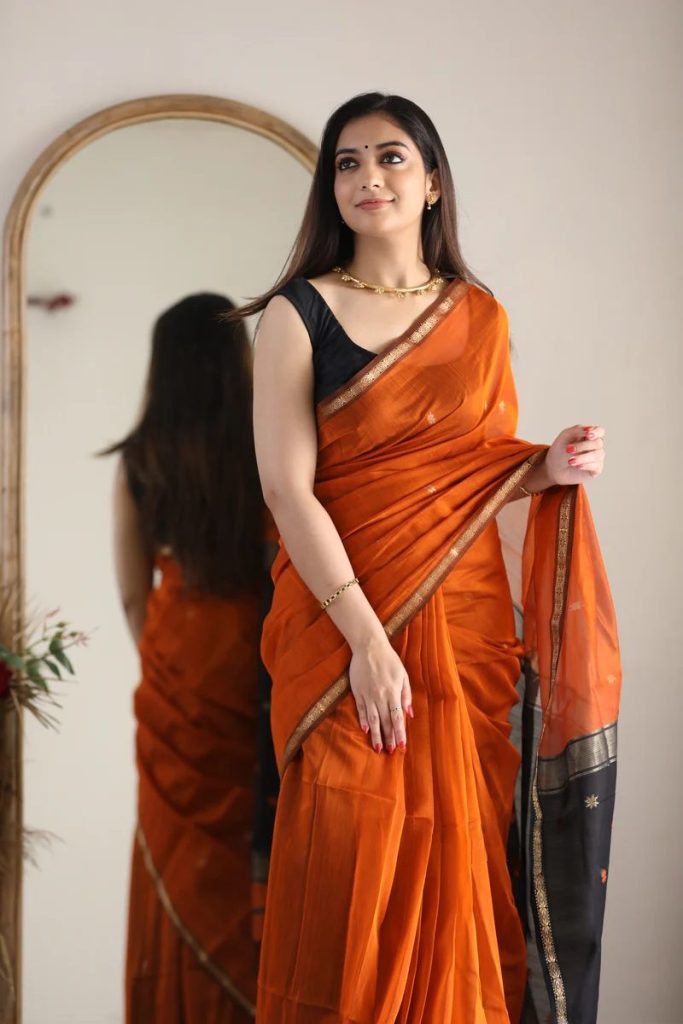AXONIT Women's Cotton Saree with Zari Motifs & Dual Tone Finish with Unstitched Blouse Piece